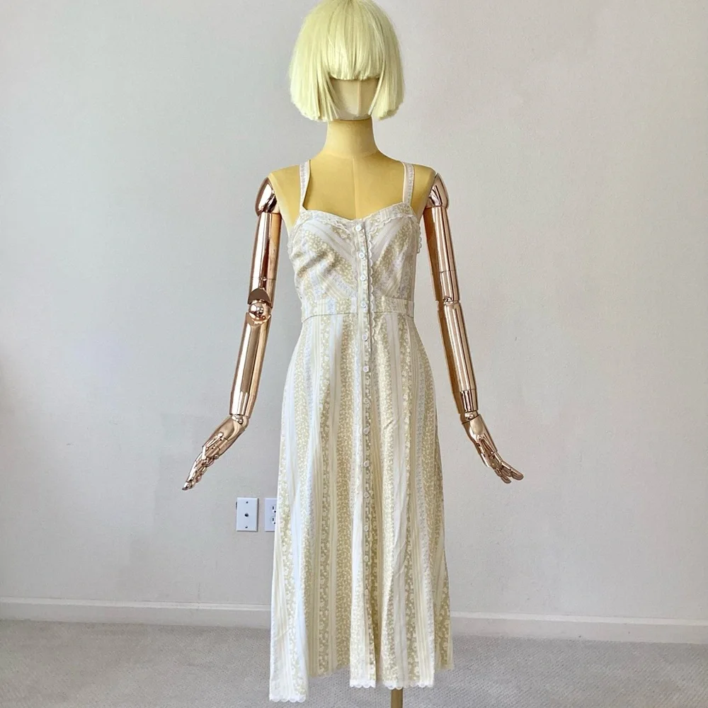 Reformation Yellow Stripes Lace Trim Embellishment Midi Dress SZ 0 - Picture 1 of 7